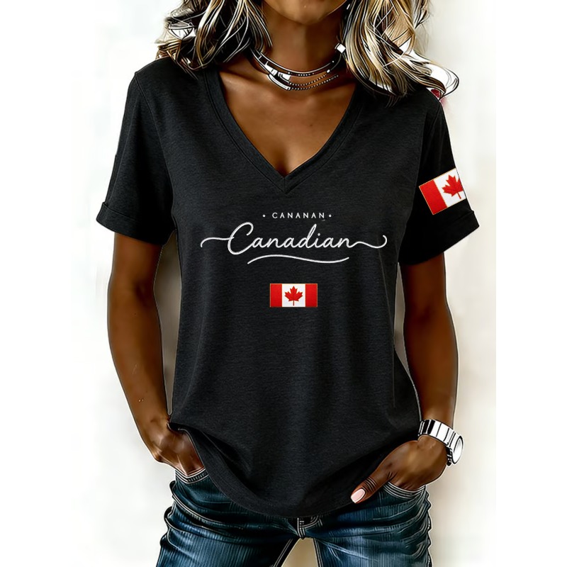 Summer Clothing Women Canada - カナダ国旗プリント女性の Tシャツファッション V ネック半袖 Tシャツ夏快適な女性の服カジュアルルーズトップス