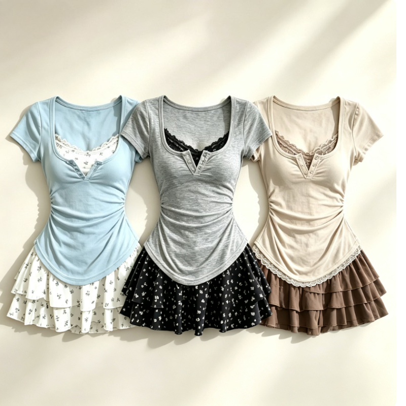 Summer Japanese Clothing - ロリータスタイル和菓子2点セット女性カジュアルスリムトップスハイウエストエレガントY2kミニドレスファッションセットシック