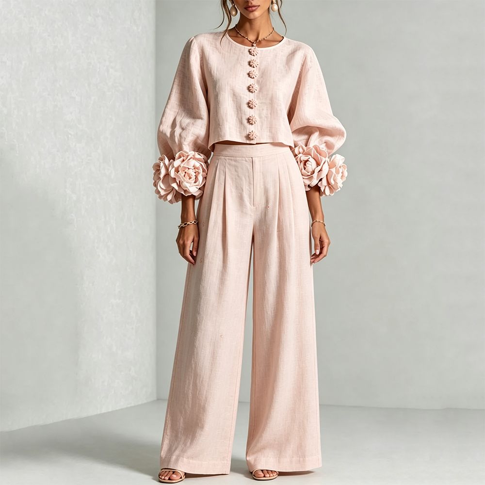 Crop Blouse Linen - レディースリネンクロップドトップス＆ワイドレッグパンツのツーピースセット、Oネックパフロングスリーブ、3D花柄カフス装飾ブラウス、バケーションマッチングセット