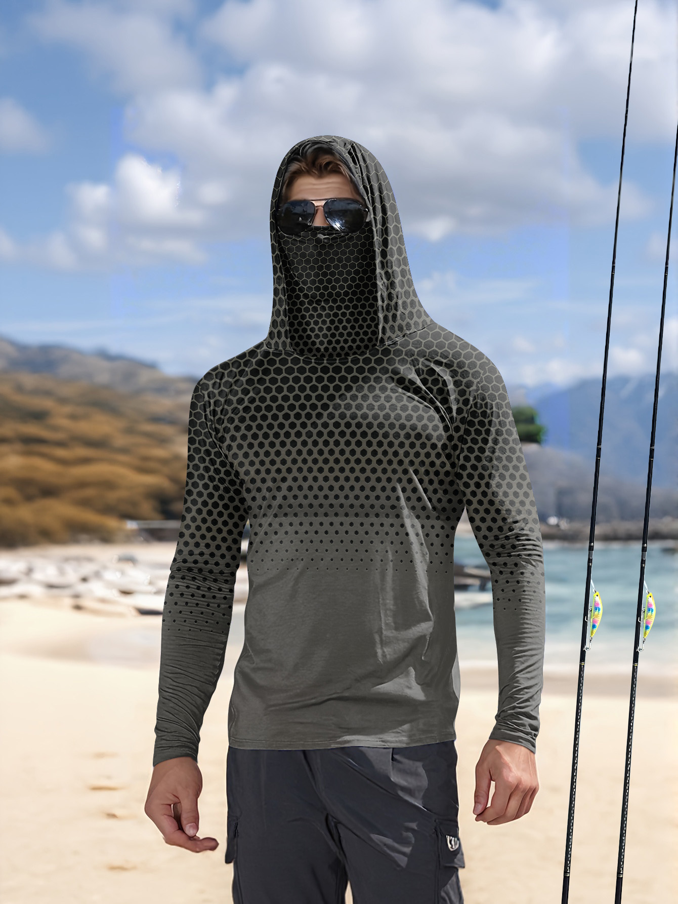 Summer Clothing Guys - メンズサマーUPF50+フィッシングフーディー、フェイスマスク付き、グレーハニカムプリント、速乾性、通気性、長袖フィッシングシャツ