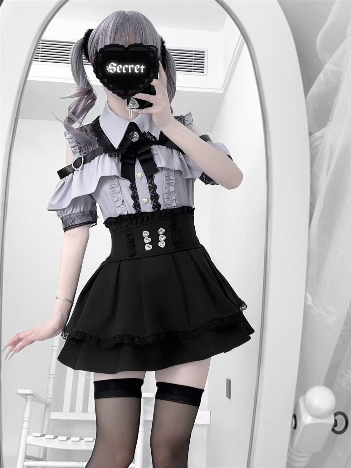 Summer Japanese Clothing - スイートエンカウンターカレッジスタイルスリムホローアウトシャツトップウエストシンチレーストリムハーフスカートセットレディースファッションアンサンブル