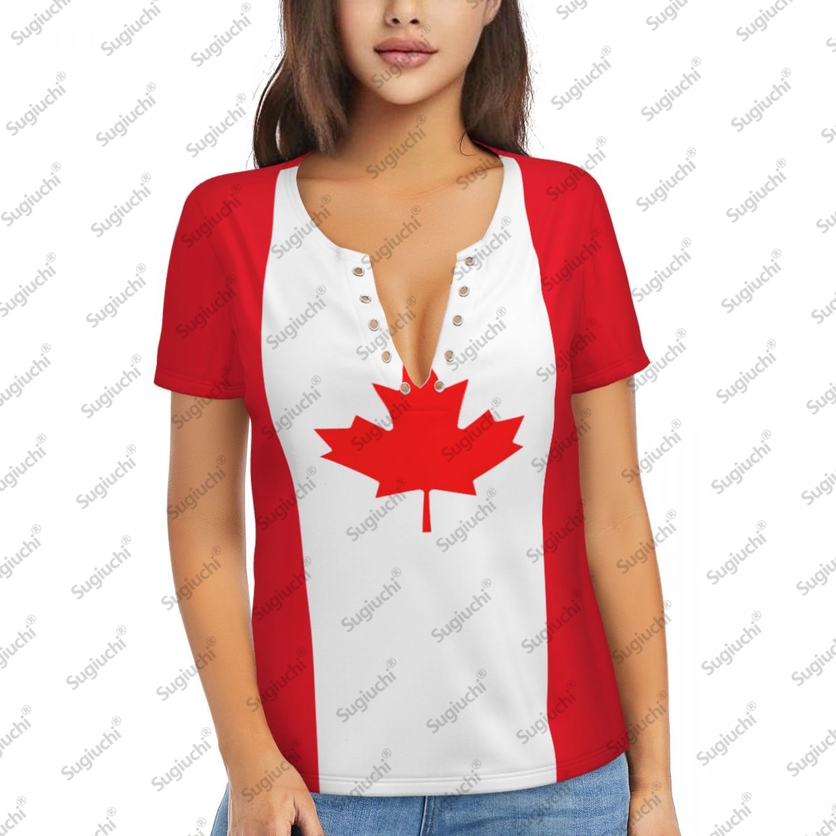 Summer Clothing Women Canada - 2025 カナダ国旗セクシーなディープ V ネック女性 3D 半袖ファッション