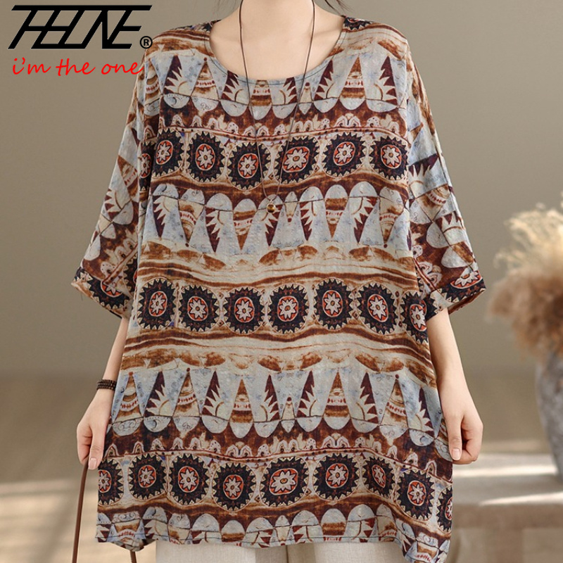 Summer Clothing Fabric - THHONE プラスサイズのファッション夏の女性のブラウスコットンリネンカジュアルルーズプリントパッチワーク O ネックヴィンテージインディーフォークオーバーサイズトップ