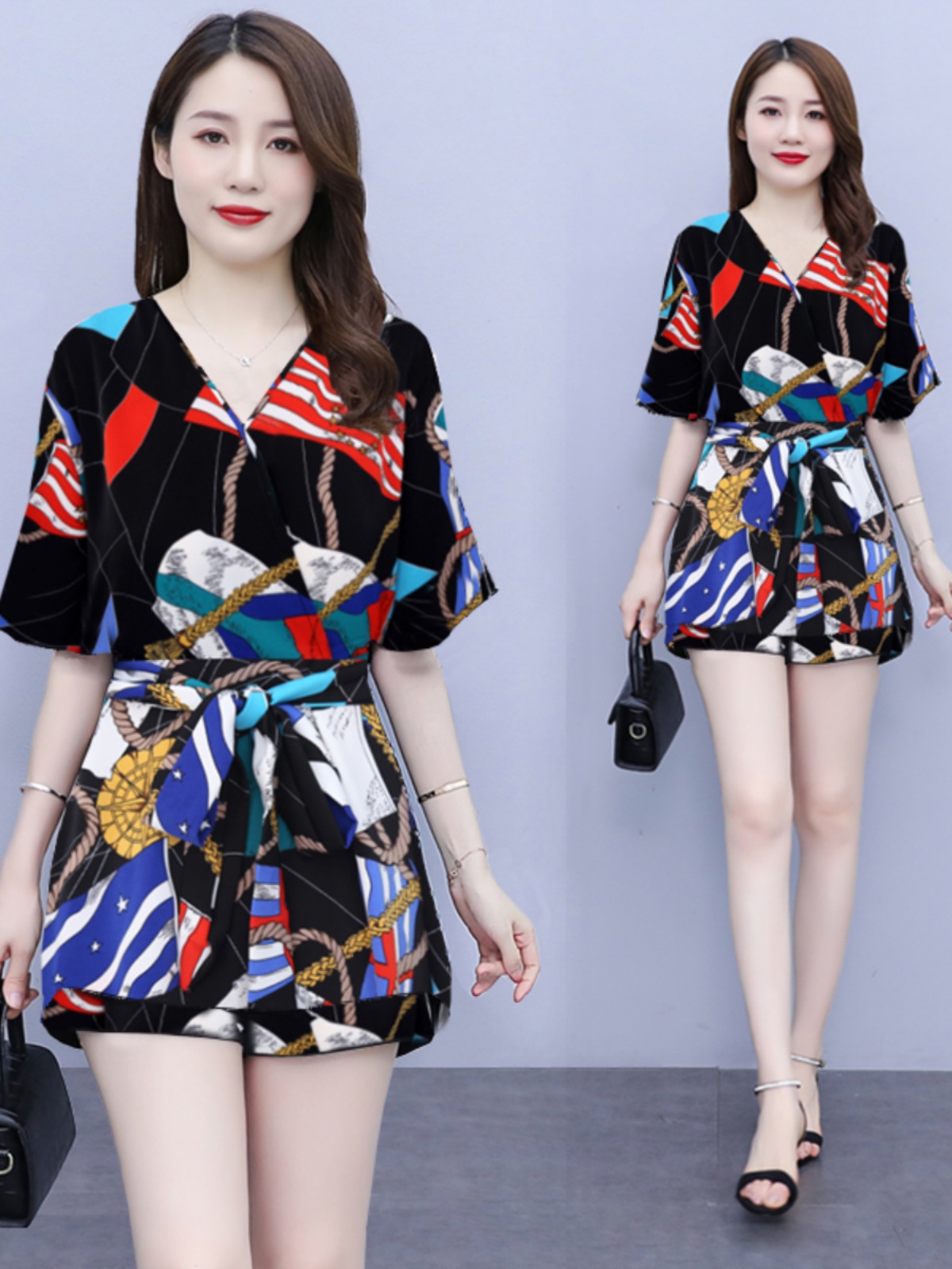 Summer Clothing Fabric - プラスサイズの女性のファッショナブルな夏服半袖シフォンドレス痩身トップとショートパンツセットふくよかなMMのためのポリエステル生地