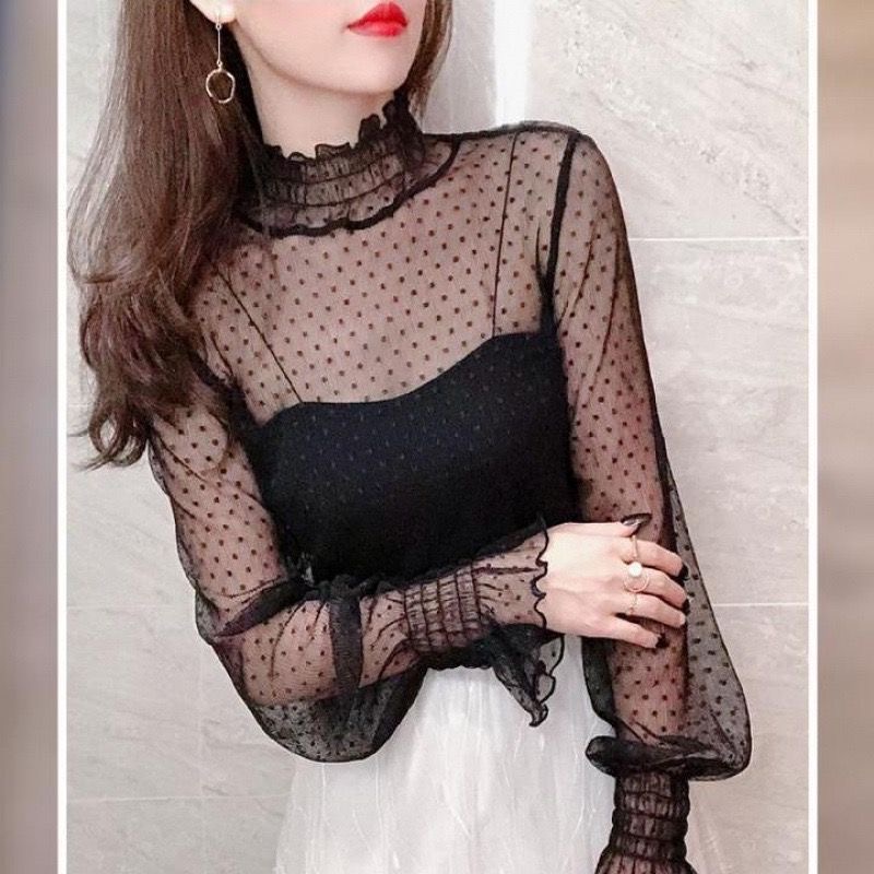 Summer Evenings Clothing - 秋の女性用薄手ブラックレースシャツ、セクシーなタートルネック長袖スリムレースクロシェパッチワークトップス、ファッショナブルな女性服