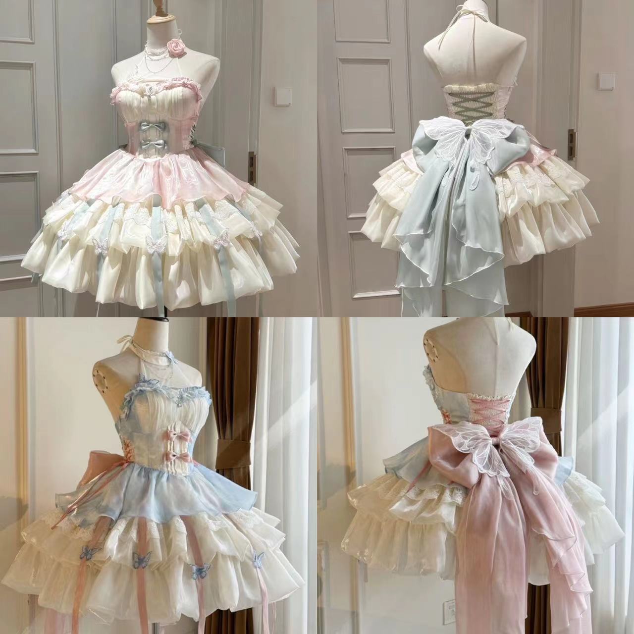 Summer Japanese Clothing - 可愛いリボンレースロリータドレス レディース スイートキュート パフスリーブ スリムミニドレス 女性用