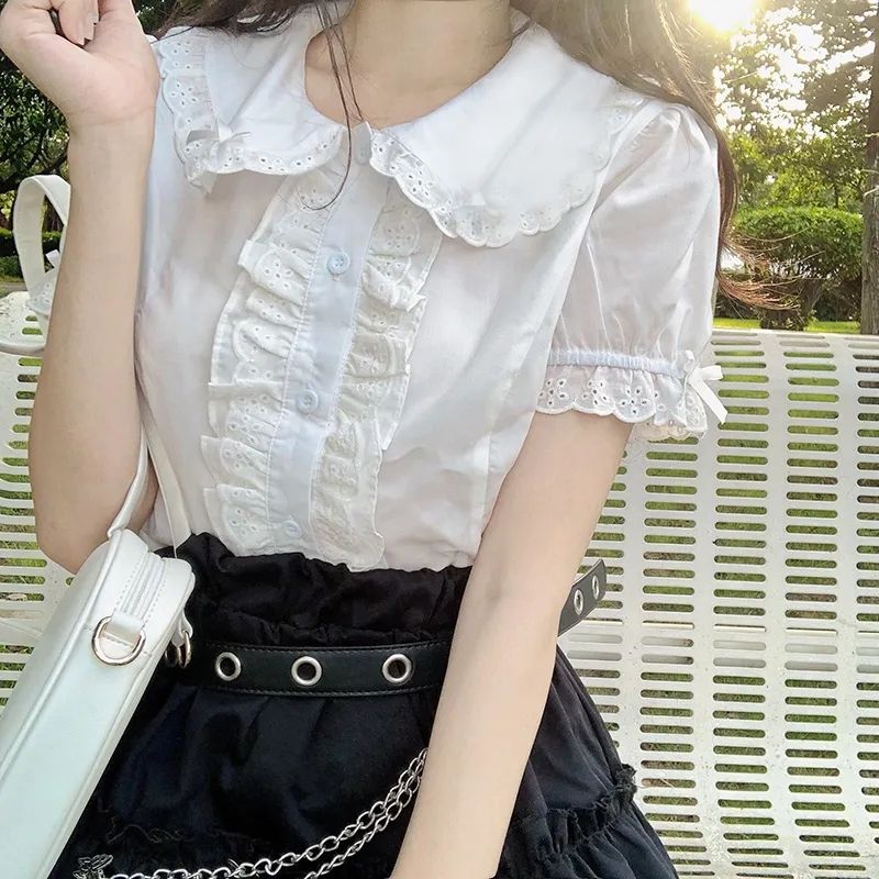 Summer Japanese Clothing - Deeptown かわいいロリータブラウス白人女性かわいいレーストップスフリルシャツヴィンテージパフスリーブ日本のプレッピースタイル甘いトップス