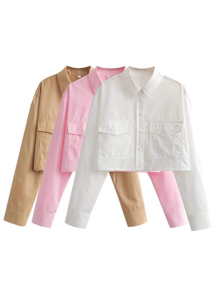 Crop Blouse Linen - 女性ファッションポケット付きルーズクロップドポプリンシャツヴィンテージ長袖ボタンアップ女性ブラウス Blusas シックなトップス