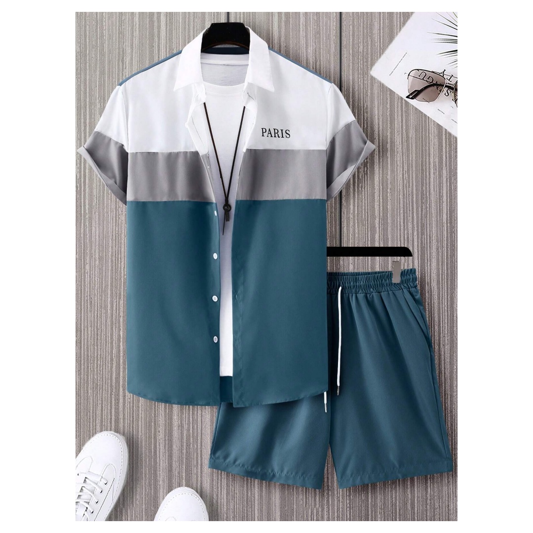 Summer Clothing Guys - メンズファッションスーツ 青と白のパッチワークカラー シングルブレスト半袖ラペルシャツとショートパンツ Y2K メンズツーピーススーツ