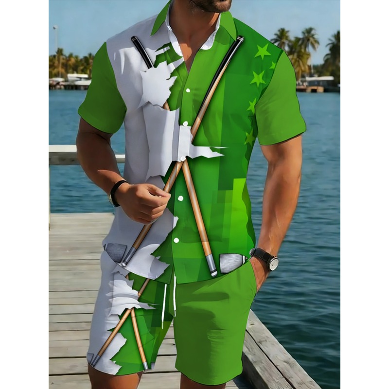 Summer Clothing Guys - メンズ軽量カジュアルグリーンホワイトポリエステルシャツ＆パンツセット、スター＆ゴルフクラブプリント、多用途ウェア