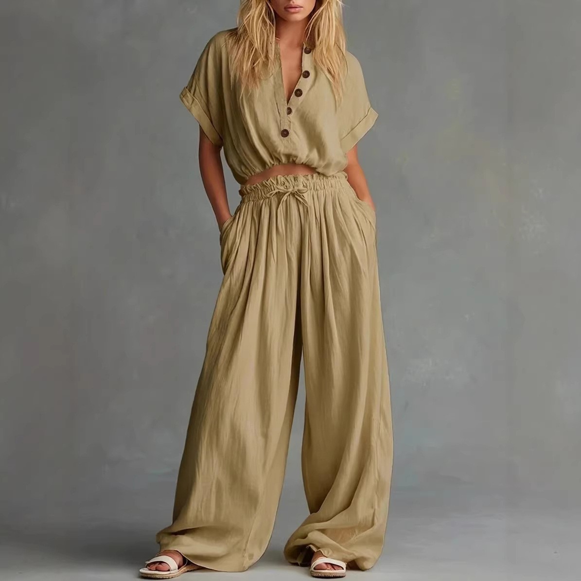 女性用2ピースセット ブラウス キャップスリーブ Vネック  - Crop Blouse Linen のレビューと価格