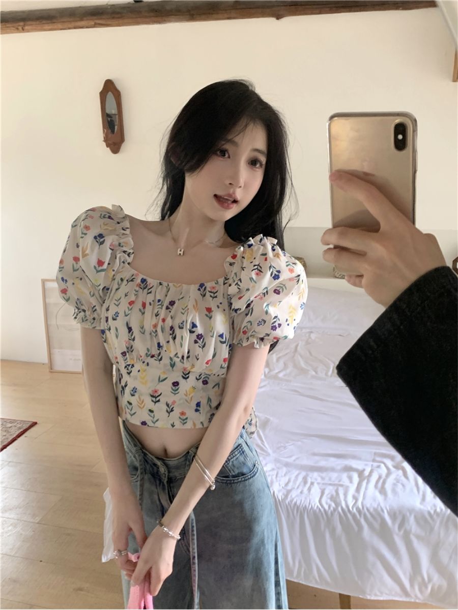 ブラウス女性花柄プリントバックレスレースアップパフスリーブス - Crop Blouse Linen のレビューと価格