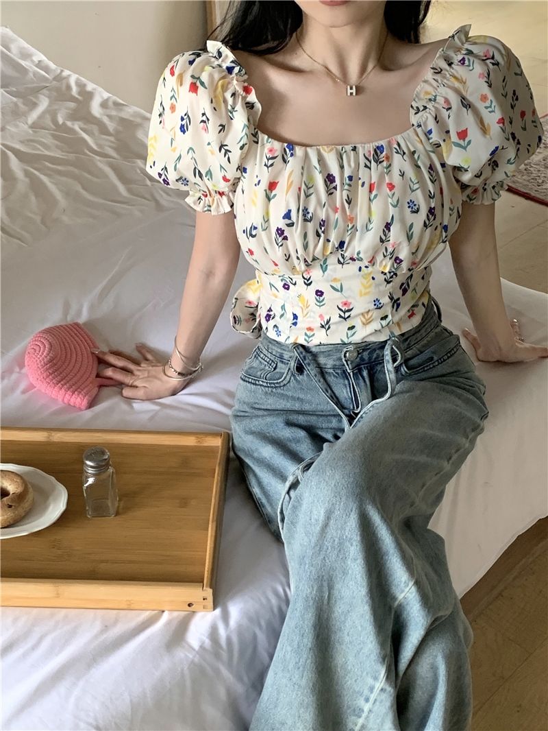 ブラウス女性花柄プリントバックレスレースアップパフスリーブス - Crop Blouse Linen のレビューと価格