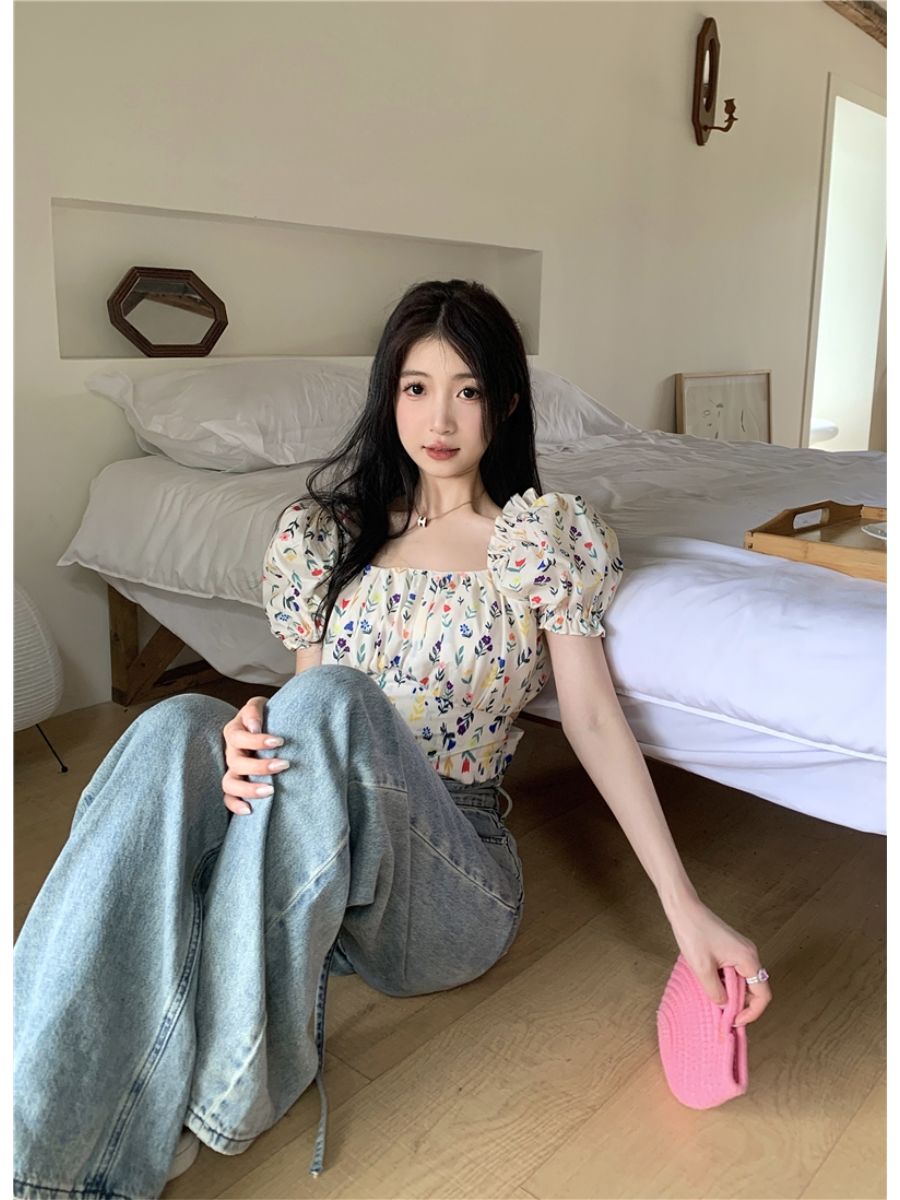 ブラウス女性花柄プリントバックレスレースアップパフスリーブス - Crop Blouse Linen のレビューと価格