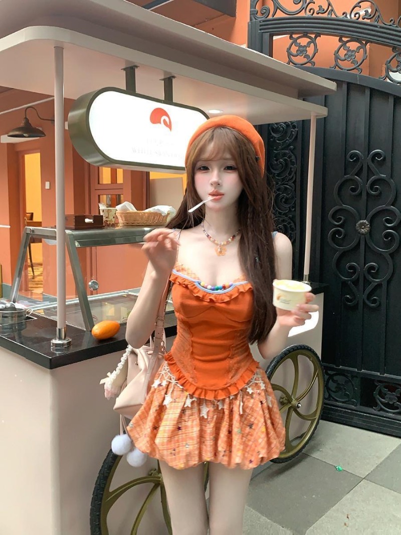 夏新オレンジドーパミンスイートスパイシーガールレースキャミソ - Summer Japanese Clothing のレビューと価格