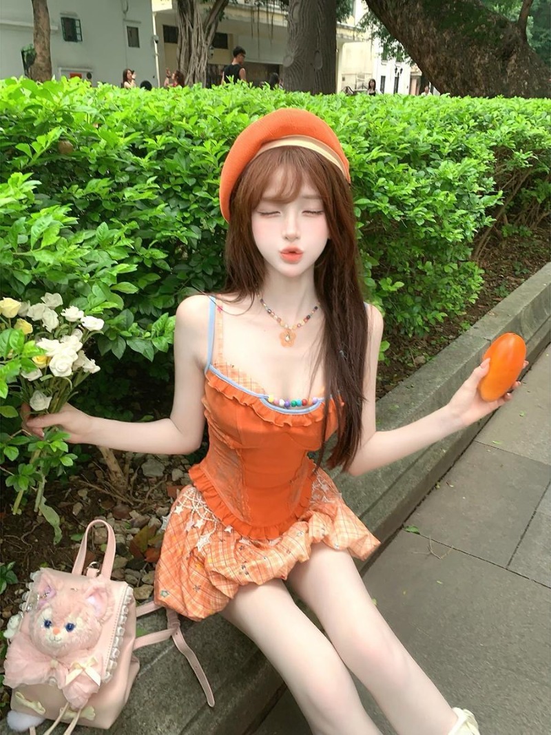 夏新オレンジドーパミンスイートスパイシーガールレースキャミソ - Summer Japanese Clothing のレビューと価格
