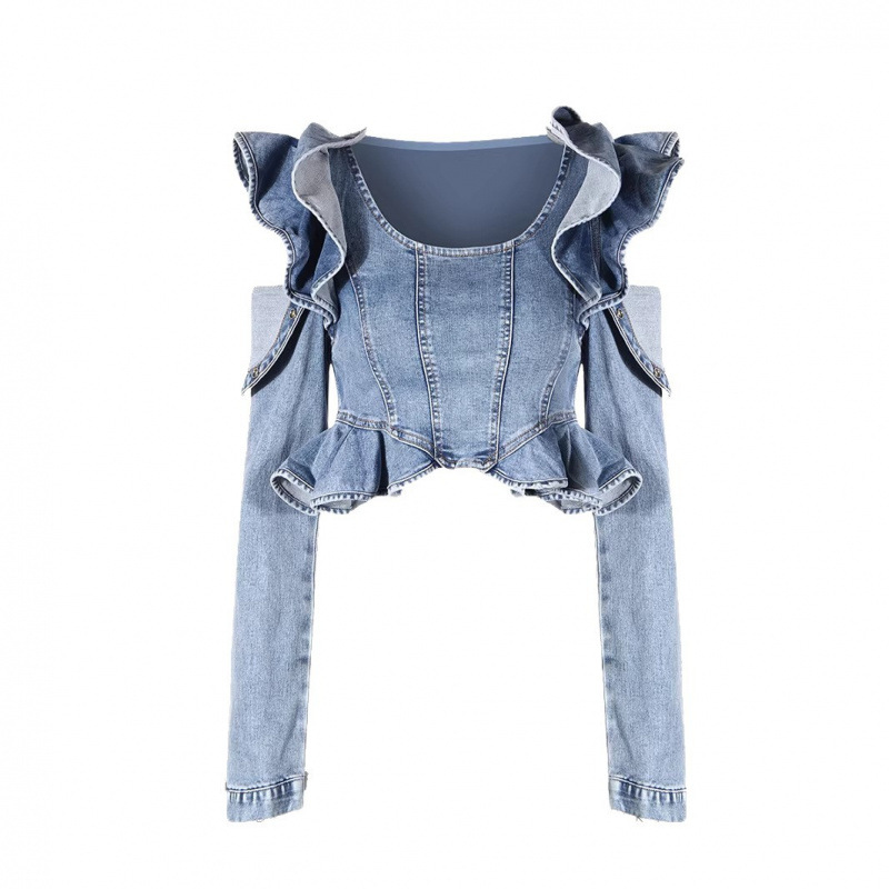 ファッションフリル付き長袖デニムトップス コールドショルダー - Crop Blouse Linen のレビューと価格