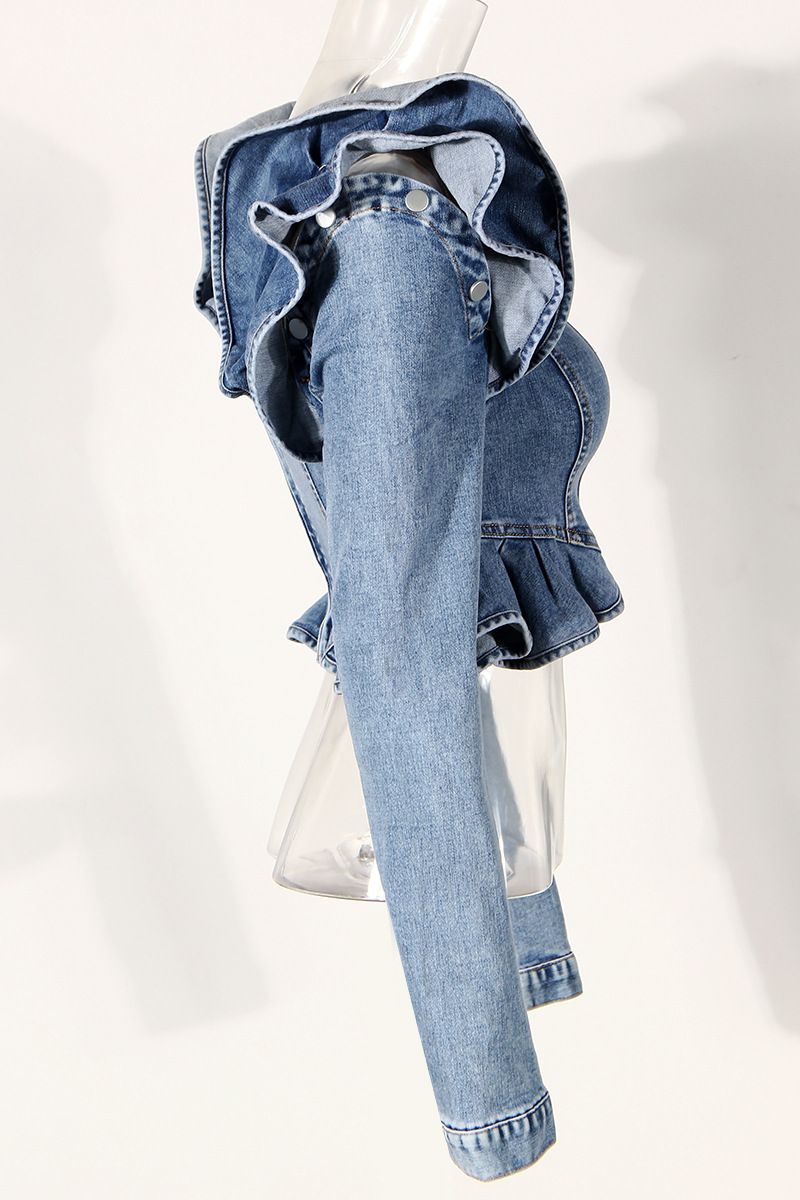 ファッションフリル付き長袖デニムトップス コールドショルダー - Crop Blouse Linen のレビューと価格