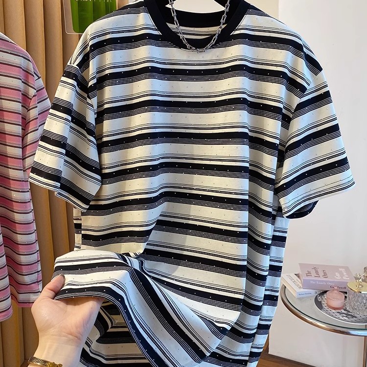 ユニセックス純綿ストライプ半袖Tシャツ カジュアルで通気性の - Summer Clothing Outlet のレビューと価格