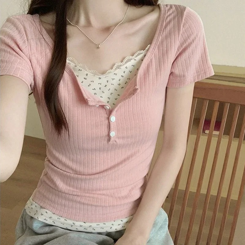 女性用スイートレーストリムリブニットTシャツ 2026夏 ス - Crop Blouse Linen のレビューと価格