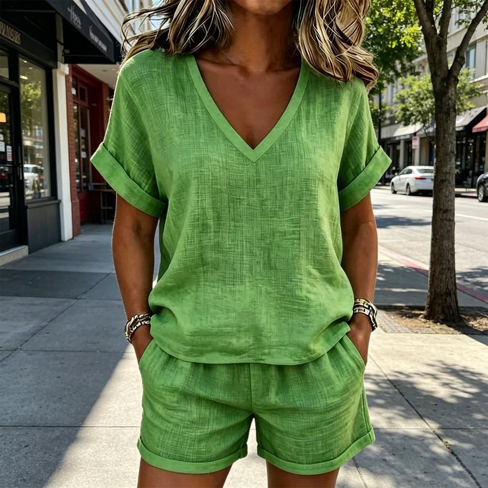 レディースTシャツ＆ショートパンツセット Vネック半袖トップ - Summer Clothing Fabric のレビューと価格