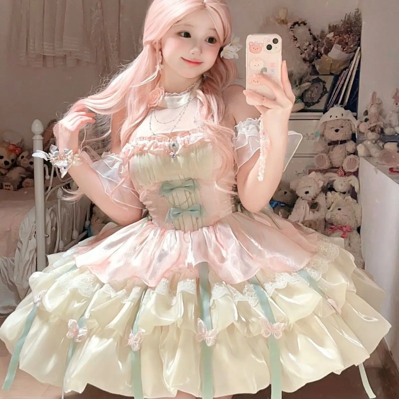 可愛いリボンレースロリータドレス レディース スイートキュー - Summer Japanese Clothing のレビューと価格