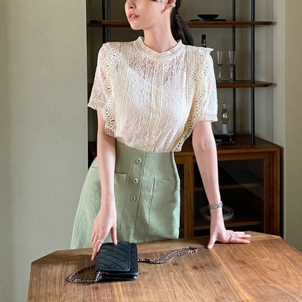 エレガントな甘い半袖レースシャツ、ルーズシックなレースブラウ - Crop Blouse Linen のレビューと価格