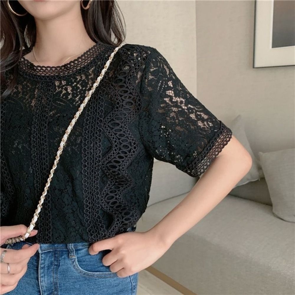 エレガントな甘い半袖レースシャツ、ルーズシックなレースブラウ - Crop Blouse Linen のレビューと価格