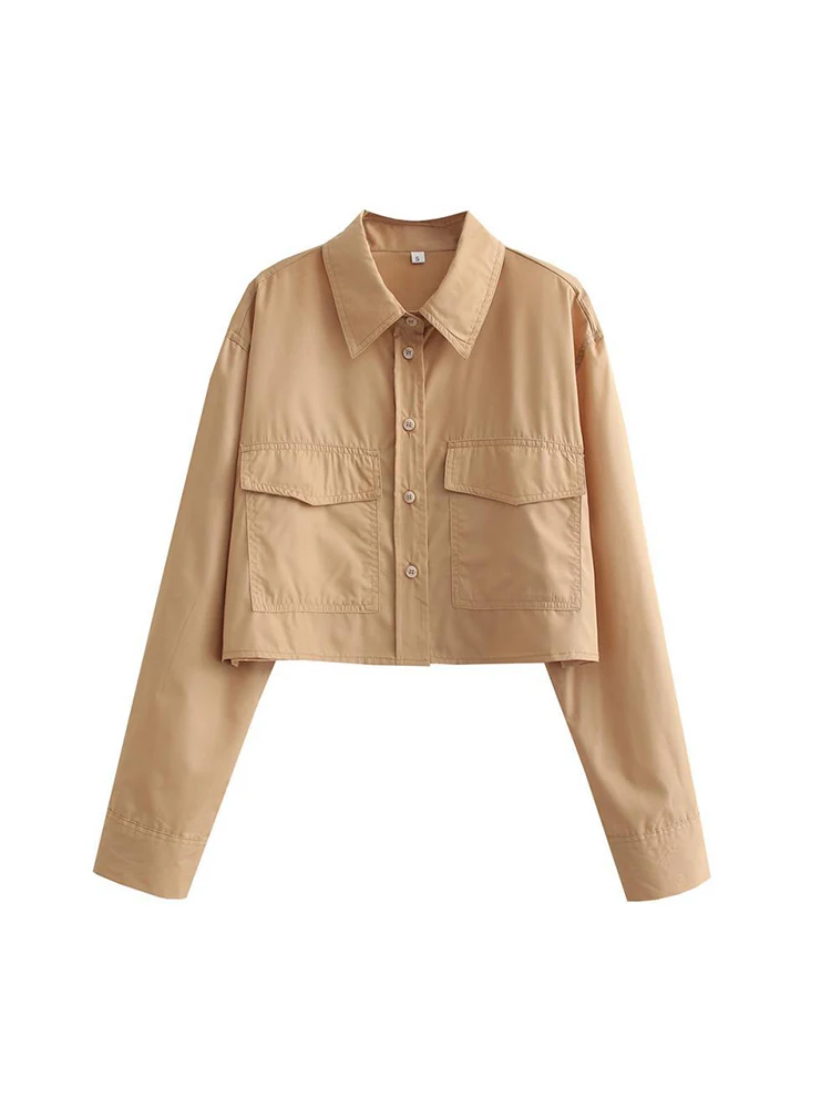 女性ファッションポケット付きルーズクロップドポプリンシャツヴ - Crop Blouse Linen のレビューと価格