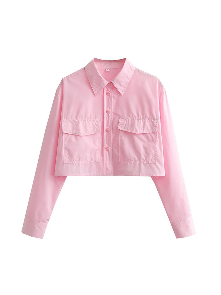 女性ファッションポケット付きルーズクロップドポプリンシャツヴ - Crop Blouse Linen のレビューと価格