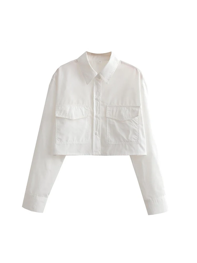 女性ファッションポケット付きルーズクロップドポプリンシャツヴ - Crop Blouse Linen のレビューと価格