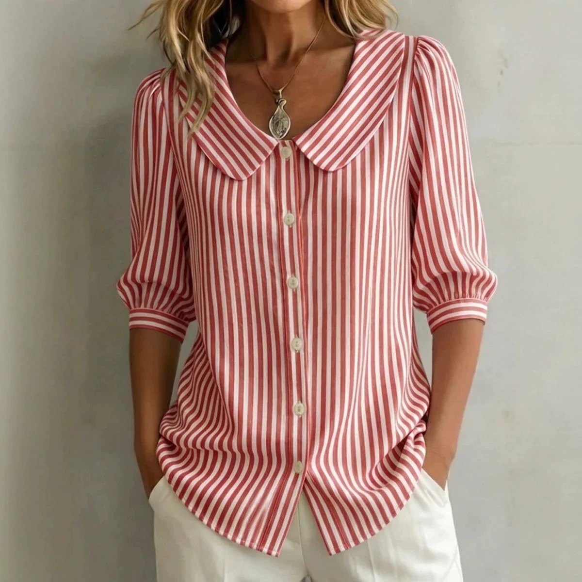 レディースブラウス 半袖 ストライプ リネン風ブラウス ルー - Crop Blouse Linen のレビューと価格