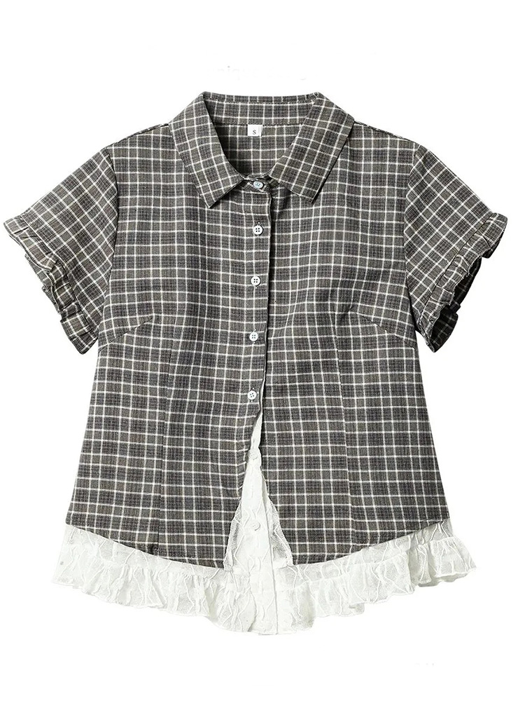 レースパッチワークチェック柄シャツ女性夏甘い半袖ヴィンテージ - Summer Japanese Clothing のレビューと価格