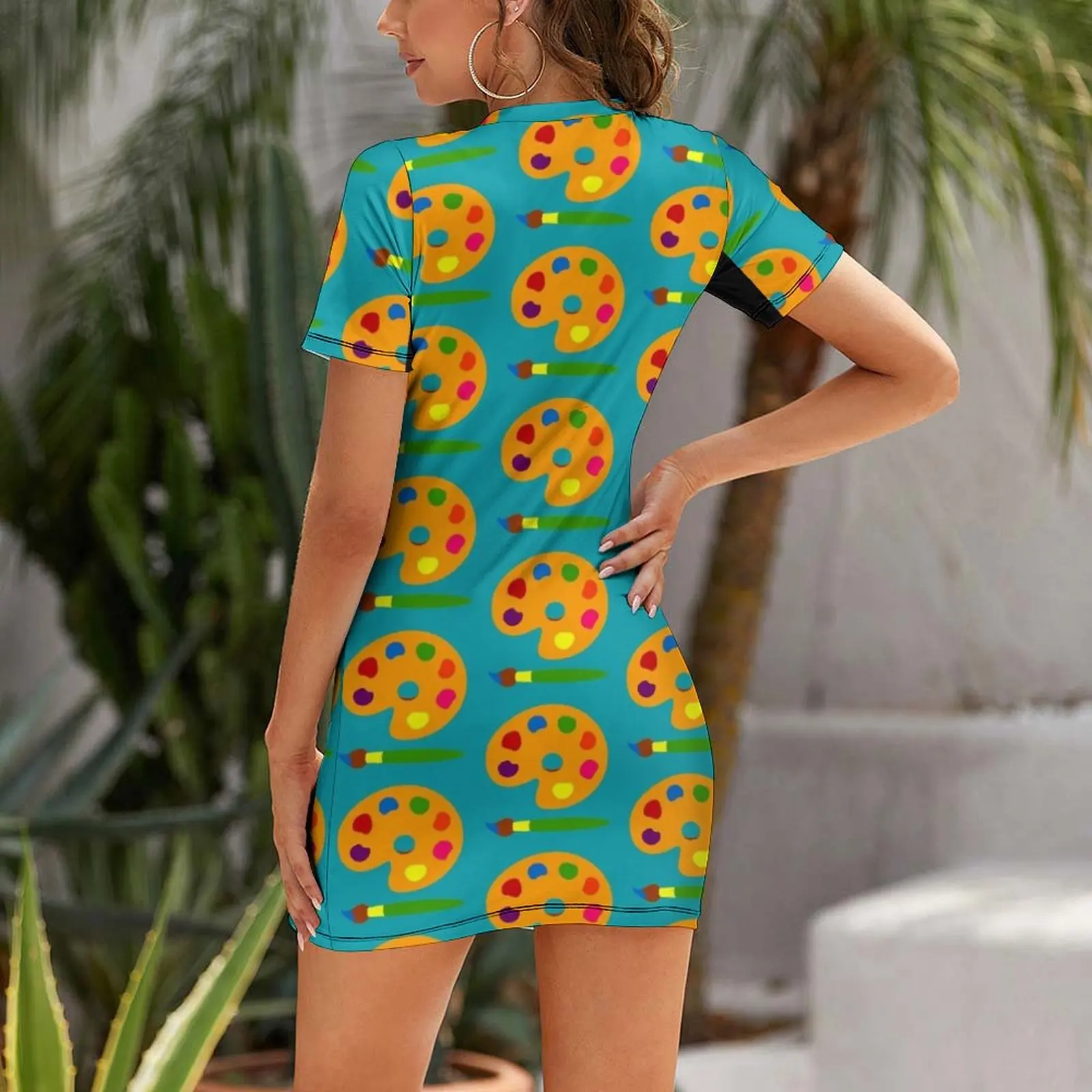 カラフルなペイントパレット柄半袖ワンピース 韓国風レディース - Summer Clothing Color Palette のレビューと価格