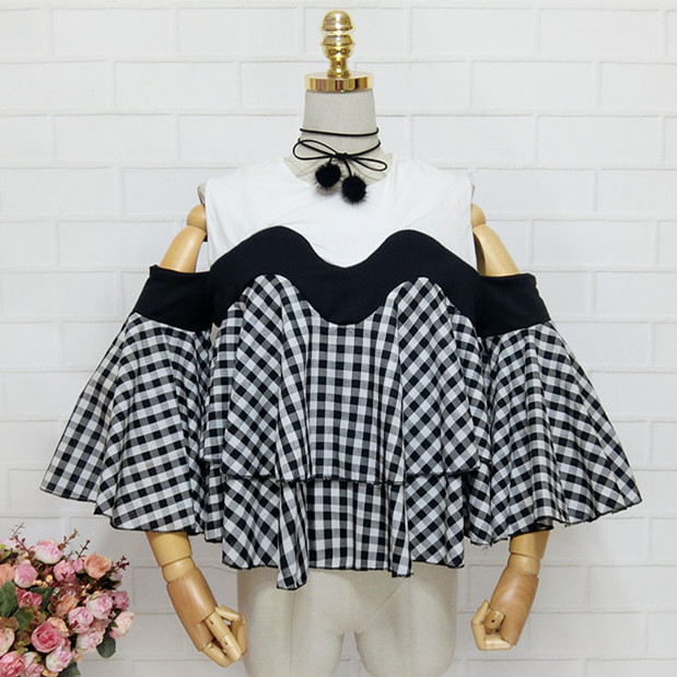 若い女の子フリルブラウス新しい黒、白のチェック柄の女性のブラ - Crop Blouse Linen のレビューと価格
